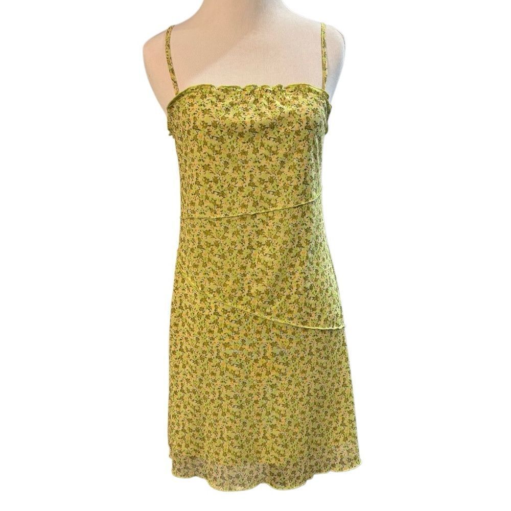 Hesperus Green Floral Slip Dress Women’s Size L Ruffle Trim Midi 34” Length